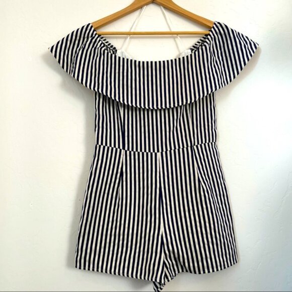 Aqua Striped Off the Shoulder Rompers XS - Picture 3 of 6